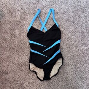 Carol Wior Slimsuit Black Light Blue Underwire Vintage Size 10
